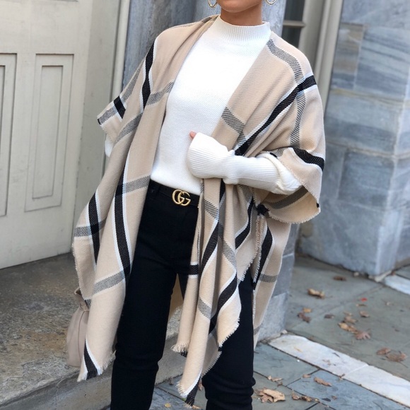 Accessories - Plaid Shawl Poncho Kimono - Ashlee Nude & Black